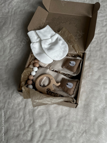 Cozy clothes and accessories for caring for a newborn in pastel colors in a box. Socks, white scratches, a wooden rodent in the shape of an elephant, beads. Aesthetic minimalist baby fashion
