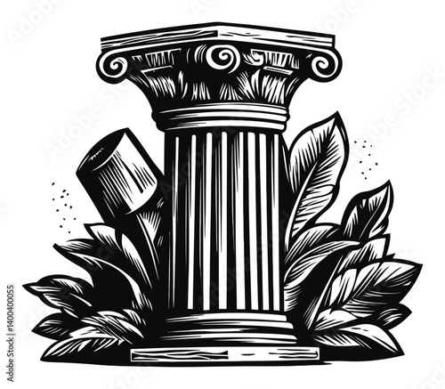 Classic Woodcut Illustration of a Column Surrounded by Foliage