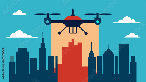 City Skyline Monitoring A drone hovering above a stylized city skyline with a camera focused downwards capturing images of the roads and buildings below.