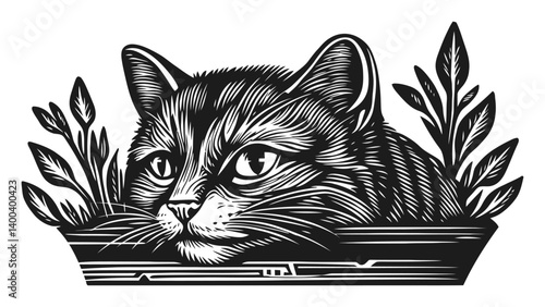 Detailed Woodcut Style Illustration of a Cat Among Leaves