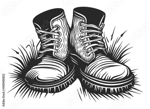 Vintage Woodcut Style Illustration of Classic Work Boots