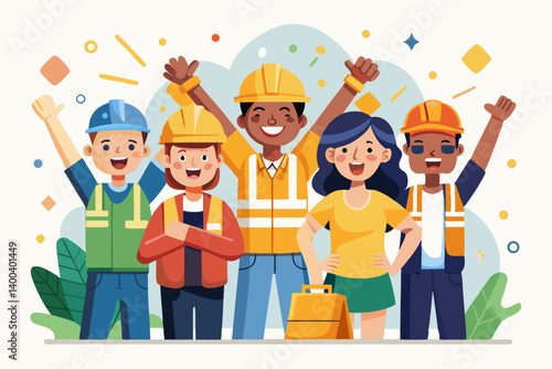 Vector illustration of diverse group of construction workers celebrating project completion
