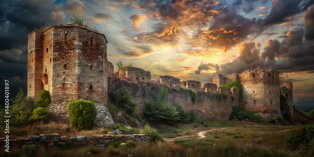 Fototapeta premium Majestic Ruins of Smederevo Fortress Tower, Serbia - Historic Medieval Wall Remains