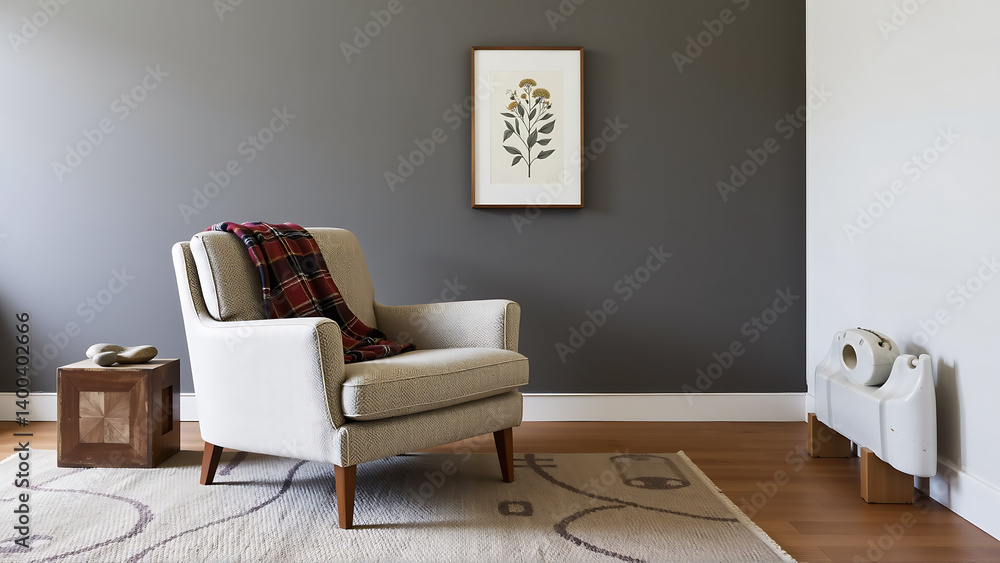 Fototapeta premium A living room blends mid century modern design with wabi sabi principles. The centerpiece is an ergonomic armchair upholstered in a durable, subtly patterned fabric