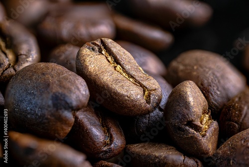 Close-up of roasted coffee beans in warm lighting.