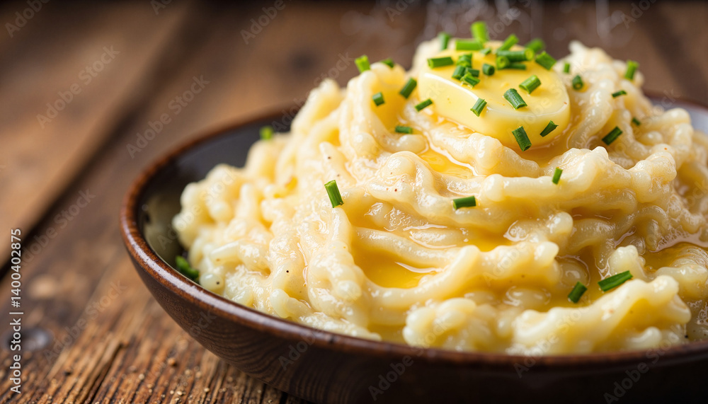 Steaming bowl of creamy mashed potatoes with butter and chives on rustic table for food blogs, comfort food articles, recipe websites, and social media content Steaming bowl of creamy mashed potatoes with butter and chives on rustic table for food blogs, comfort food articles, recipe websites, and social media content