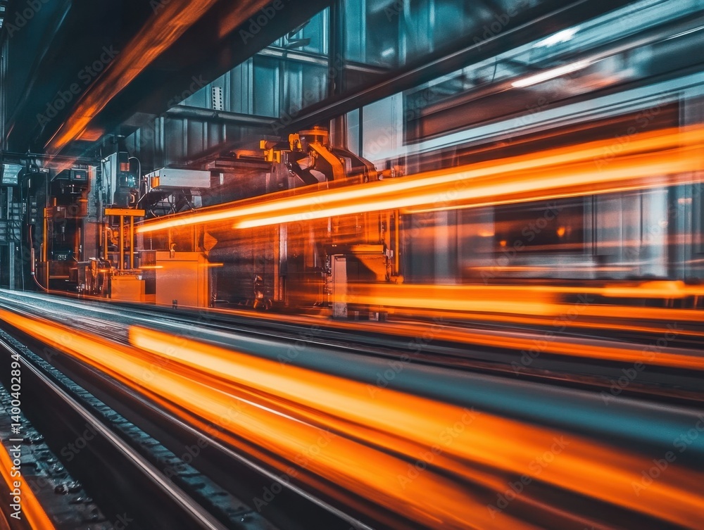 Dynamic industrial scene featuring a blurred motion of an automated machine in a factory setting showcasing speed and precision in manufacturing
