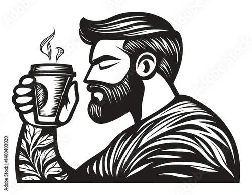 Stylish Man Enjoying Coffee in Artistic Woodcut Style Illustration