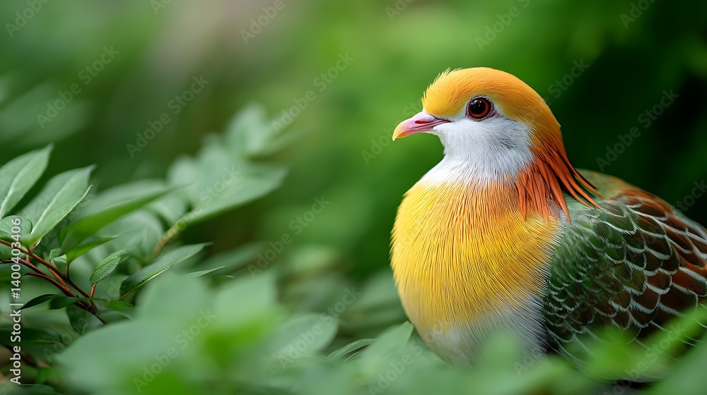 Beautiful Colorful Bird Perched on Green Leaves with a Soft Focus Background in Nature Setting Beautiful Colorful Bird Perched on Green Leaves with a Soft Focus Background in Nature Setting