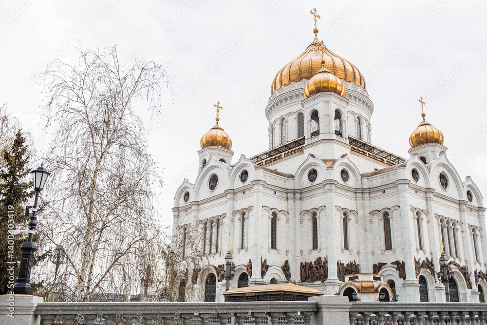 The Russian Orthodox Cathedral is the Cathedral of Christ the Savior in Moscow on a spring day. Russian Federation, Moscow.