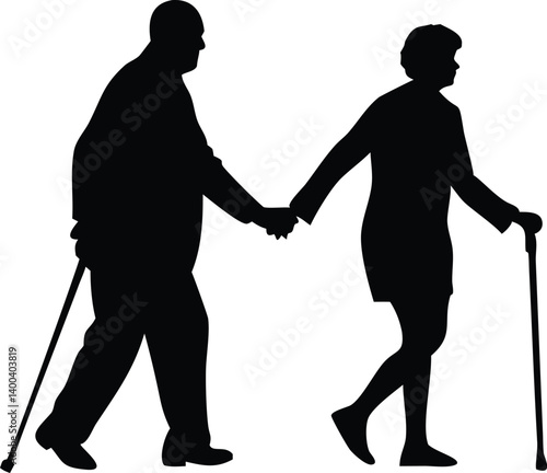 Elderly Couple Holding Hands Walking with Canes Silhouette on Transparent Background
