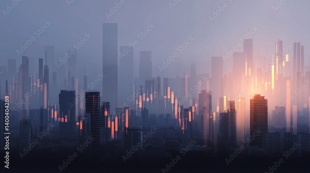 Minimalist Cityscape Visualization with Layered Forex Data Elements Minimalist Cityscape Visualization with Layered Forex Data Elements