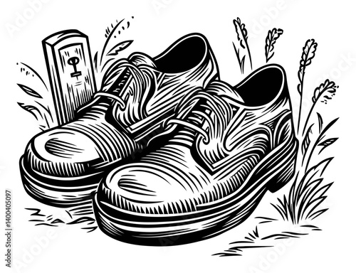 Detailed Woodcut Style Illustration of Shoes Surrounded by Nature