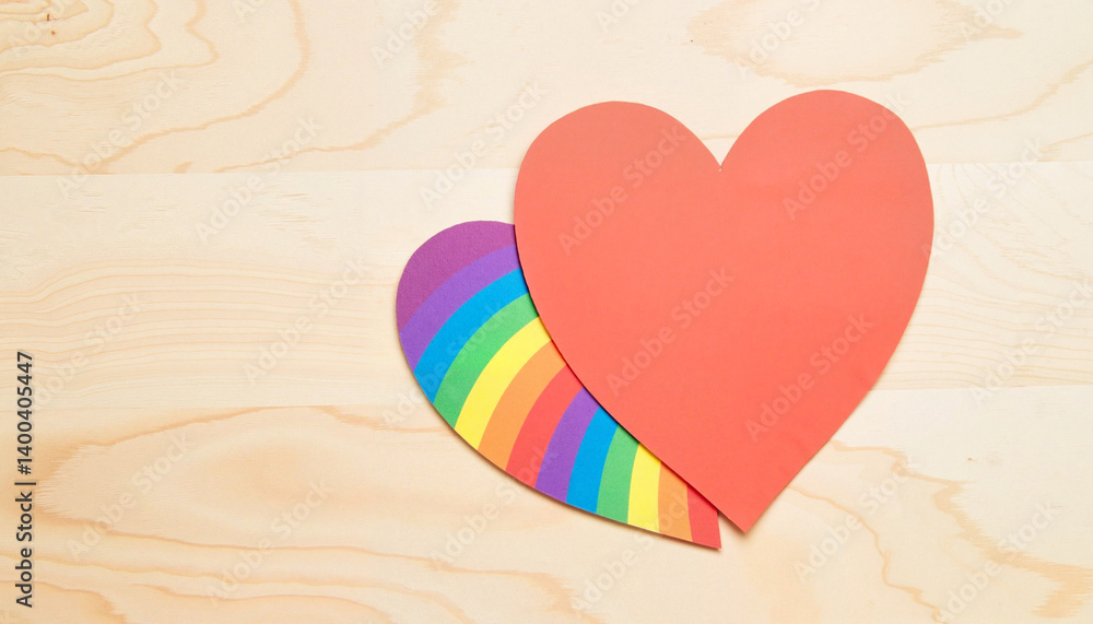 Fototapeta premium Heart Shape Cutout with Rainbow Stripes on Light Wooden Surface for Creative Projects, Pride Campaigns, Stationery Design, and Social Media Content