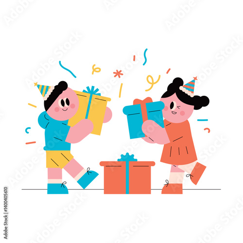 Wallpaper Mural Birthday Party Celebration with Gifts Cute illustrations. Excited children. Torontodigital.ca