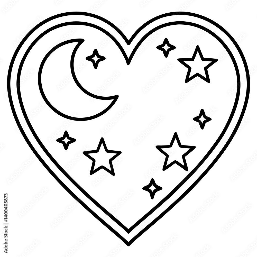Heart-Shaped Line Art with Moon and Stars Heart-Shaped Line Art with Moon and Stars