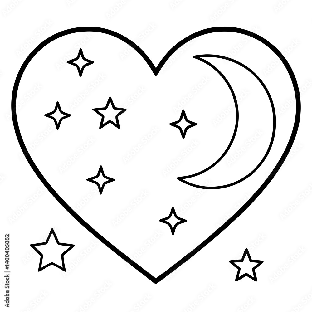 Heart-Shaped Line Art with Moon and Stars Heart-Shaped Line Art with Moon and Stars