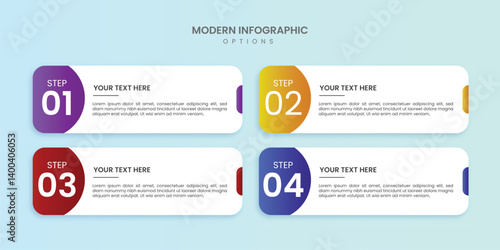 Modern Four-Step Infographic Template, Color-Coded Workflow Featuring Rounded Rectangular Boxes, Detailed Process with Purple, Yellow, Red, and Blue Steps, Editable