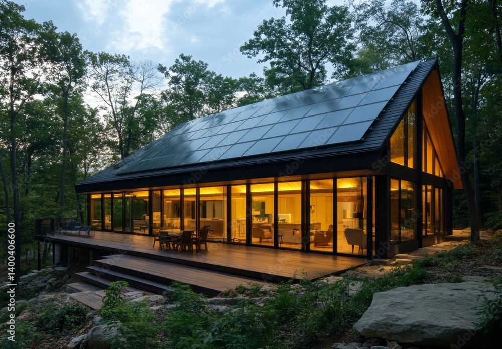 Modern sustainable home nestled in the woods at twilight. Features large windows, solar panels, and a spacious deck Modern sustainable home nestled in the woods at twilight. Features large windows, solar panels, and a spacious deck