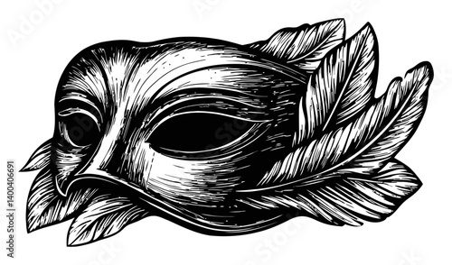 Detailed Woodcut Style Mask with Intricate Feather Design