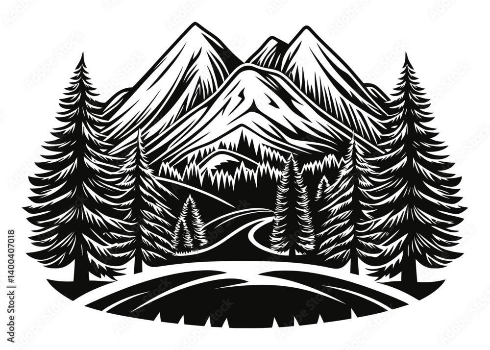 Obraz premium Mountain Landscape with Pine Trees and Road in Woodcut Style Art