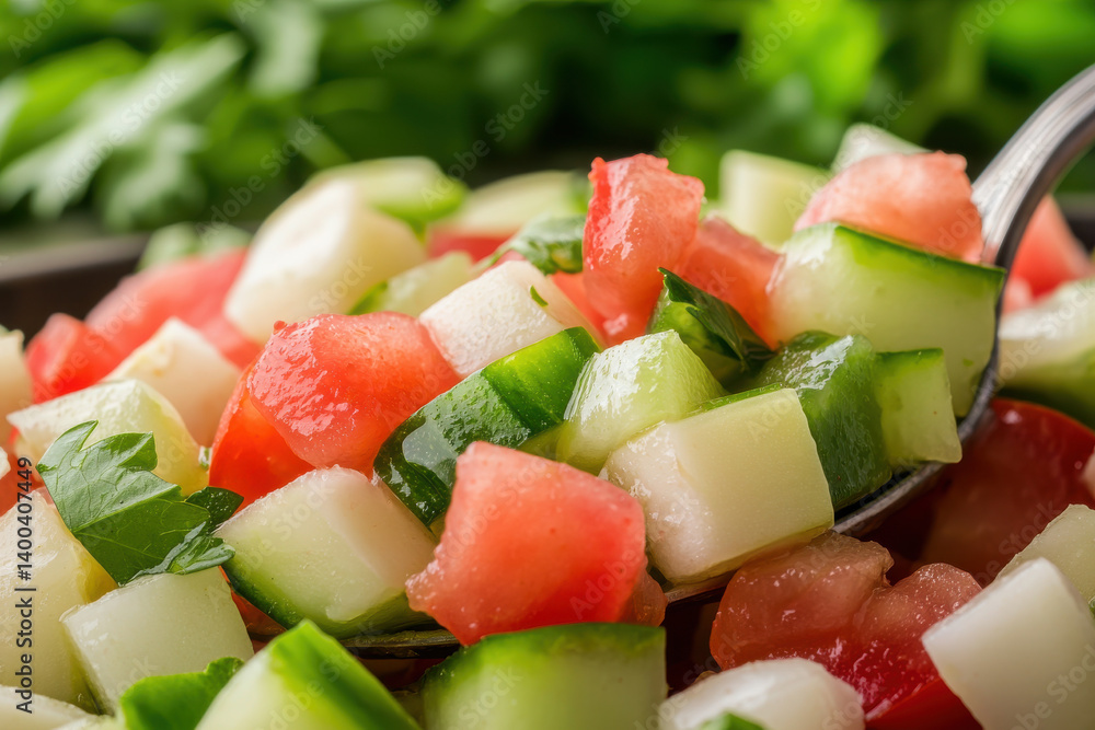 Fresh salad with diced cucumber, watermelon, and herbs, showcasing vibrant colors and textures, perfect for healthy meal Fresh salad with diced cucumber, watermelon, and herbs, showcasing vibrant colors and textures, perfect for healthy meal