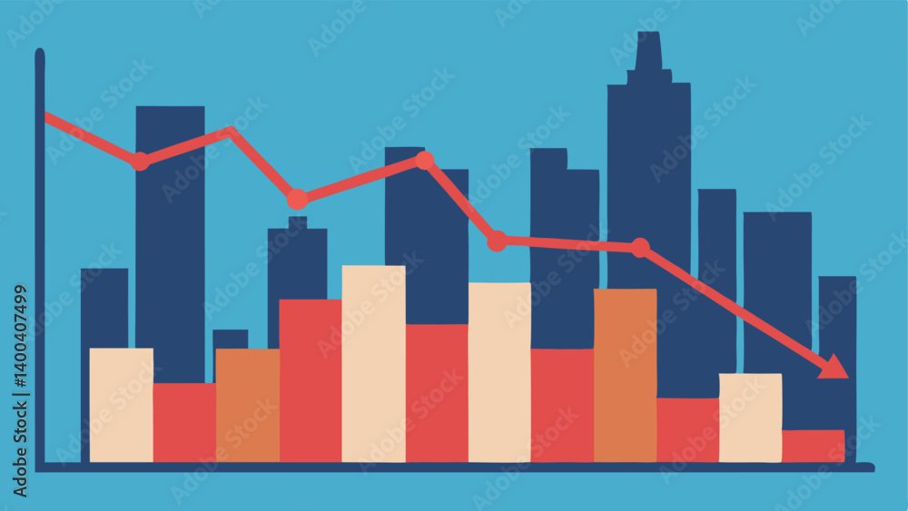 Fototapeta premium Housing Market Graph A simple line graph showing rising rent prices over time against the backdrop of a city skyline. A downward arrow s the local average income