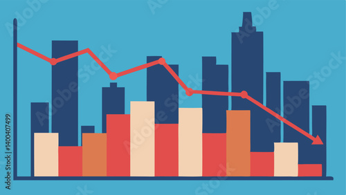 Housing Market Graph A simple line graph showing rising rent prices over time against the backdrop of a city skyline. A downward arrow s the local average income