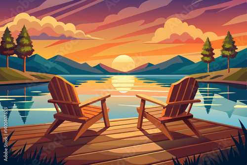 vector of Two wooden chairs on a wood pier overlooking a lake at sunset