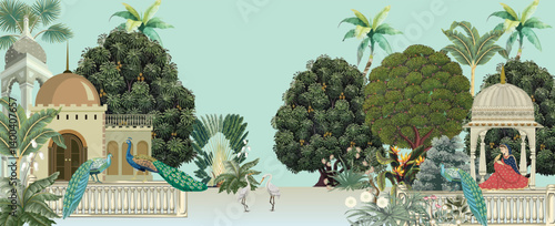 Traditional Mughal Garden Mural Illustration, Mughal Wallpaper, Peacock, Birds, Mughal Arch.