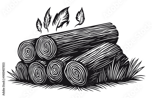 Detailed Woodcut Illustration of Cut Logs with Leaves and Grass