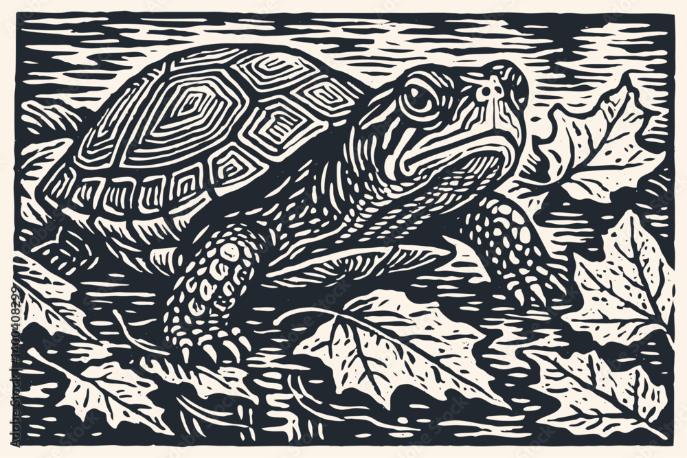 Fototapeta premium Black and white woodcut vector illustration of a turtle or tortoise among leaves. Detailed linocut engraving style reptile graphic.