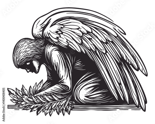 Detailed Woodcut Illustration of a Mourning Angel with Wings