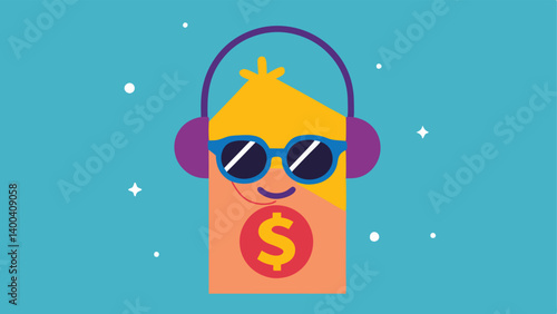 HipHop Tag A funky price tag wearing oversized headphones and sunglasses exeing breakdance moves on the store floor surrounded by sparkling dollar signs.