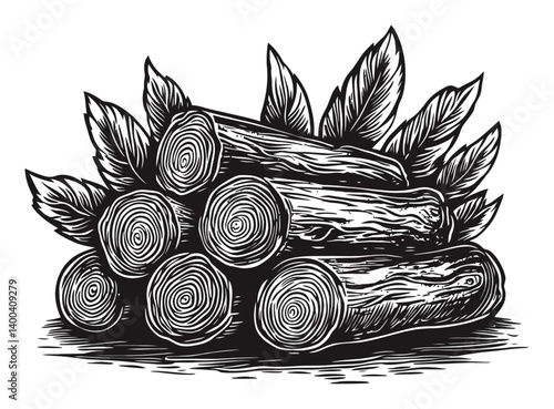 Detailed Woodcut Illustration of Logs Stacked with Leaves