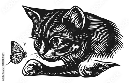 Intricate Woodcut Style Cat Interaction with Butterfly Design