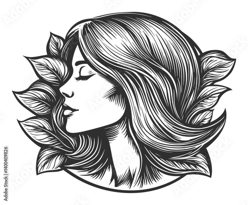 Elegant Woodcut Illustration of Woman Surrounded by Leaves
