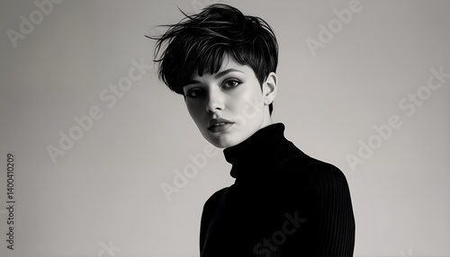 a striking black and white portrait of a woman with a short haircut and turtleneck sweater, gazing slightly off-camera with a contemplative expression.