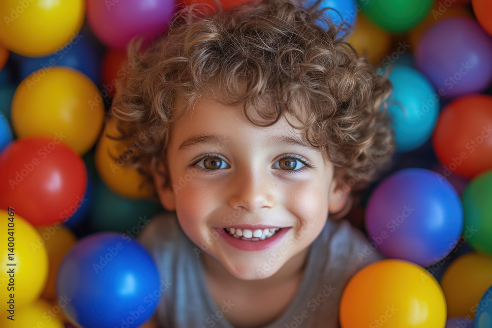 Young boy smiles in ball pit. Young boy smiles in ball pit.