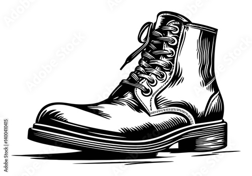 Classic Black Leather Boot Illustration in Woodcut Style Artwork