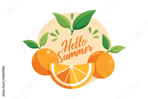 Fresh Orange Fruits Arrangement with Green Leaves and Hello Summer Text
