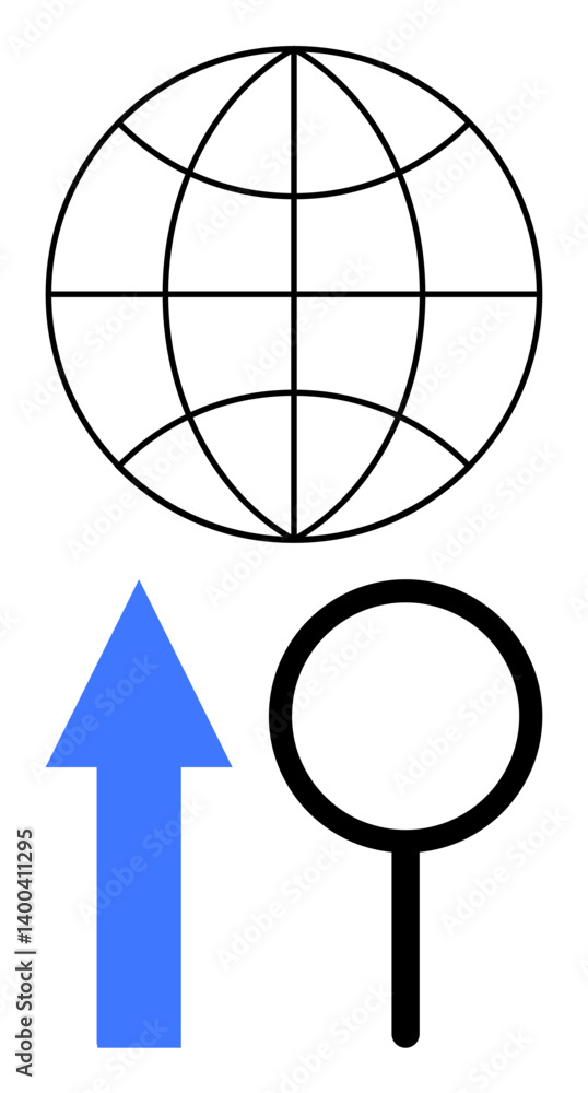 Globe, upward arrow, and magnifying glass suggest worldwide growth, exploration, progress, and research. Ideal for global trends, data success innovation vision discovery. Flat simple metaphor Globe, upward arrow, and magnifying glass suggest worldwide growth, exploration, progress, and research. Ideal for global trends, data success innovation vision discovery. Flat simple metaphor