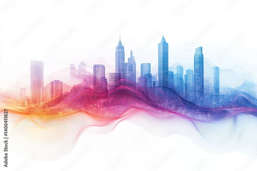 Skyline of a modern city transformed with orange and blue waves reflecting light in vibrant hues during dusk Skyline of a modern city transformed with orange and blue waves reflecting light in vibrant hues during dusk