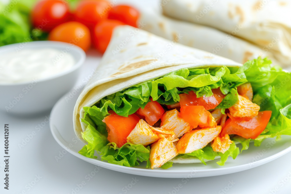 Fresh and healthy wrap filled with chicken, lettuce, and tomatoes, served with side of creamy sauce Fresh and healthy wrap filled with chicken, lettuce, and tomatoes, served with side of creamy sauce