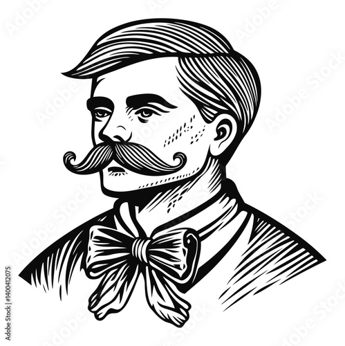 Vintage Woodcut Illustration of A Man with Moustache and Bowtie