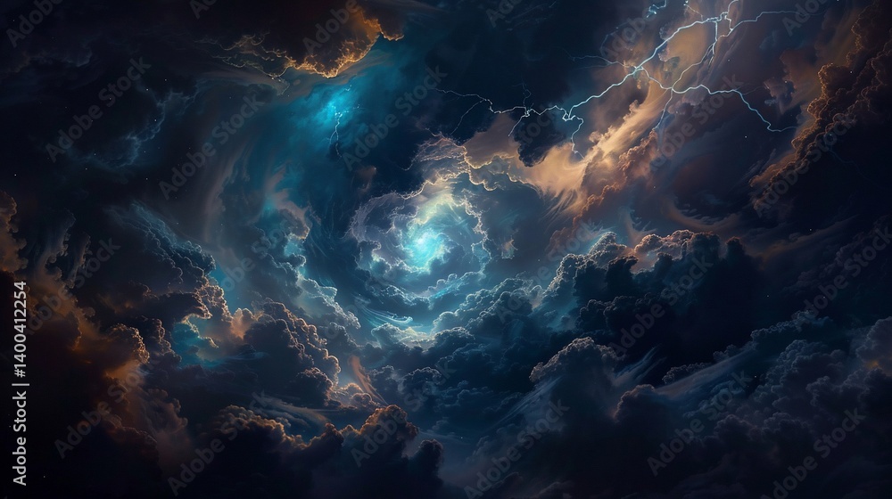 Fototapeta premium Stormy celestial clouds swirling. Vast, swirling, cosmic clouds with lightning and light