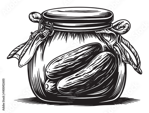 Vintage Woodcut Illustration of Jar with Cucumbers and Leaves
