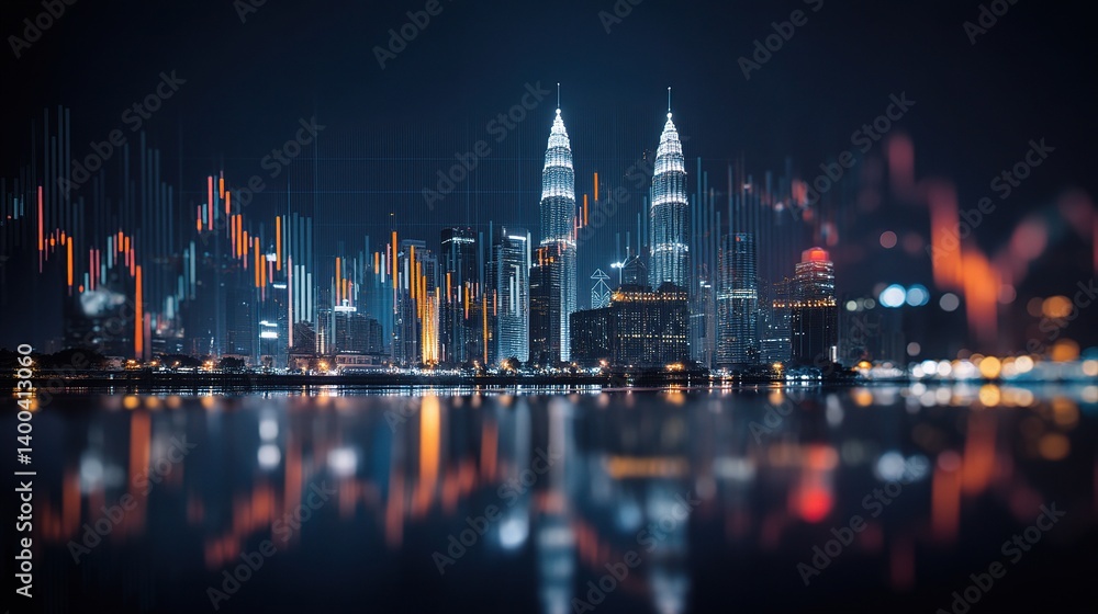 Obraz premium Double Exposure of Night City Skyline with Abstract Effects
