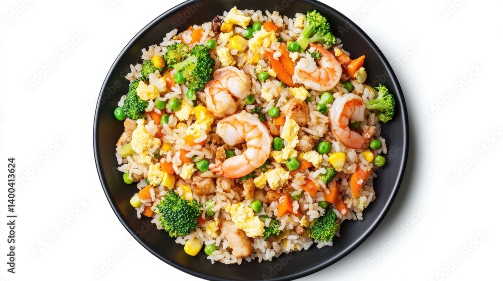 A plate of shrimp fried rice featuring shrimp, rice, broccoli, peas, carrots, and corn, presented on a black plate. A plate of shrimp fried rice featuring shrimp, rice, broccoli, peas, carrots, and corn, presented on a black plate.