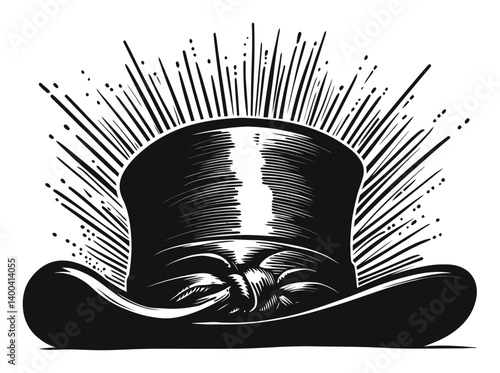 Elegant Top Hat Woodcut Design with Radiating Sunburst Effect